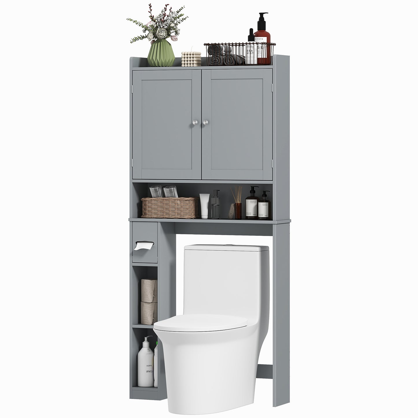 Furatek Over-the-Toilet Storage Cabinet – Modern Bathroom Organizer with 2 Doors & Toilet Paper Holder, Gray