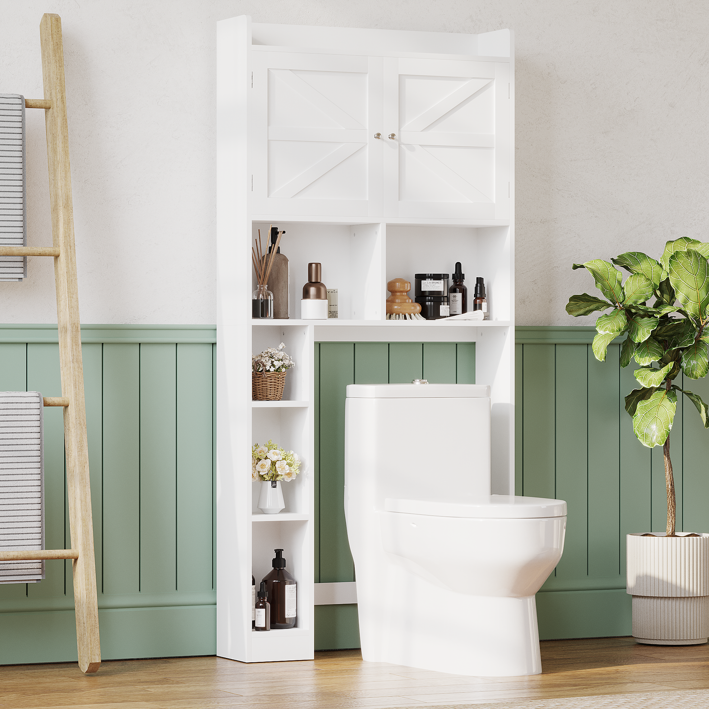 Furatek Over-the-Toilet Storage Cabinet – Bathroom Space Saver with Adjustable Shelves, Double Doors & Open Storage, White