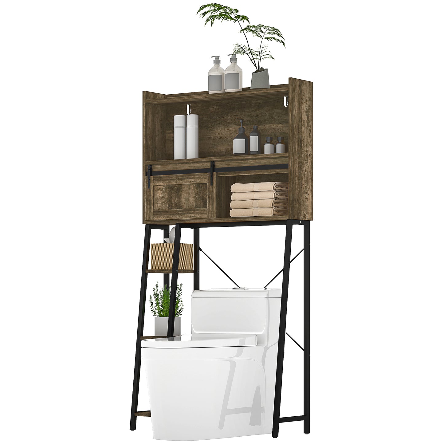 Furatek Over-the-Toilet Storage Cabinet – Bathroom Organizer with 3 Compartments & 4 Open Shelves, Distressed Brown