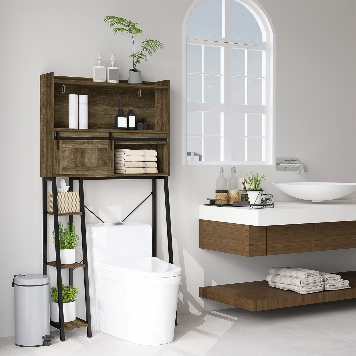 Furatek Over-the-Toilet Storage Cabinet – Bathroom Organizer with 3 Compartments & 4 Open Shelves, Distressed Brown