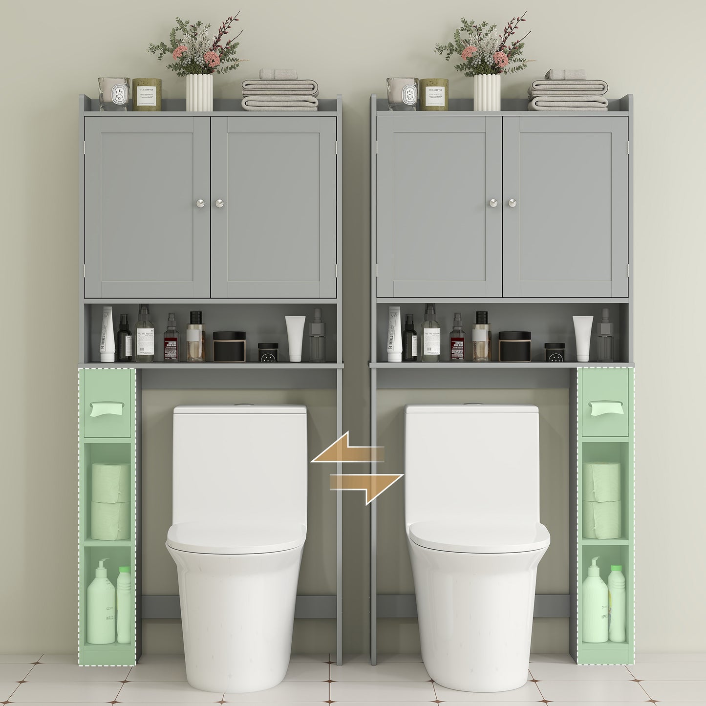 Furatek Over-the-Toilet Storage Cabinet – Modern Bathroom Organizer with 2 Doors & Toilet Paper Holder, Gray