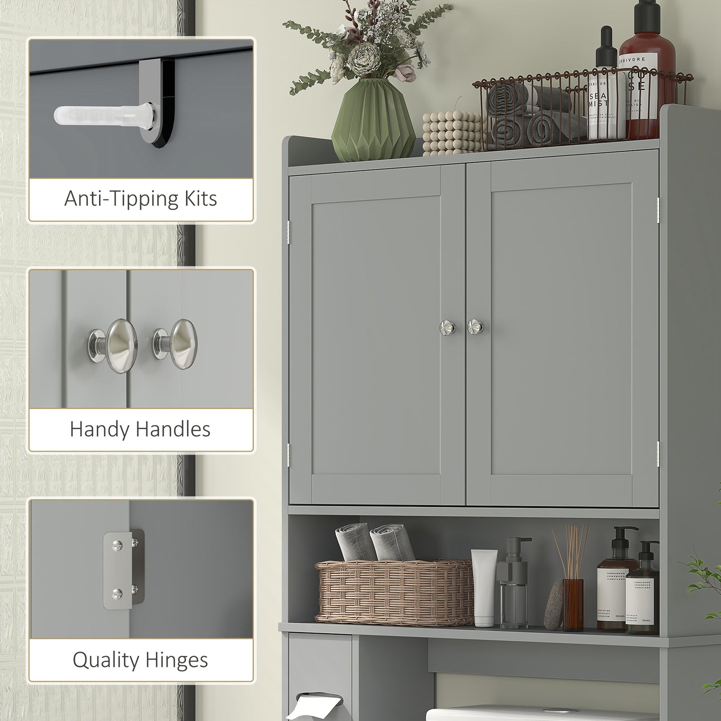 Furatek Over-the-Toilet Storage Cabinet – Modern Bathroom Organizer with 2 Doors & Toilet Paper Holder, Gray