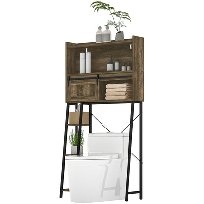 Furatek Over-the-Toilet Storage Cabinet – Bathroom Organizer with 3 Compartments & 4 Open Shelves, Distressed Brown