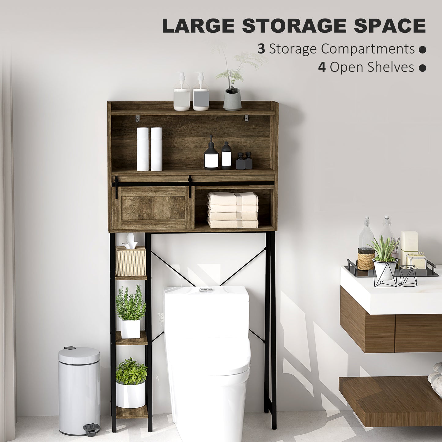 Furatek Over-the-Toilet Storage Cabinet – Bathroom Organizer with 3 Compartments & 4 Open Shelves, Distressed Brown