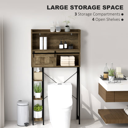 Furatek Over-the-Toilet Storage Cabinet – Bathroom Organizer with 3 Compartments & 4 Open Shelves, Distressed Brown
