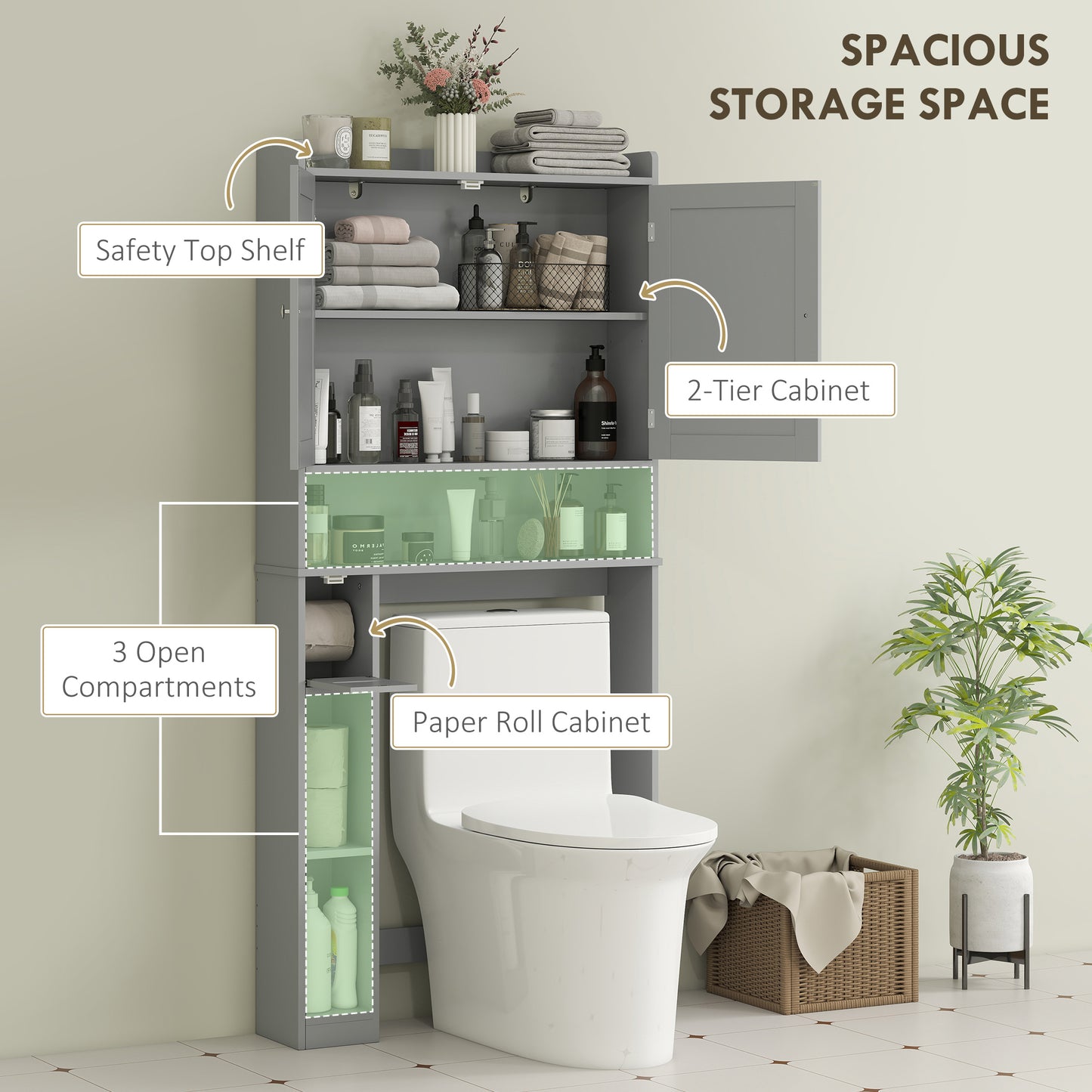 Furatek Over-the-Toilet Storage Cabinet – Modern Bathroom Organizer with 2 Doors & Toilet Paper Holder, Gray