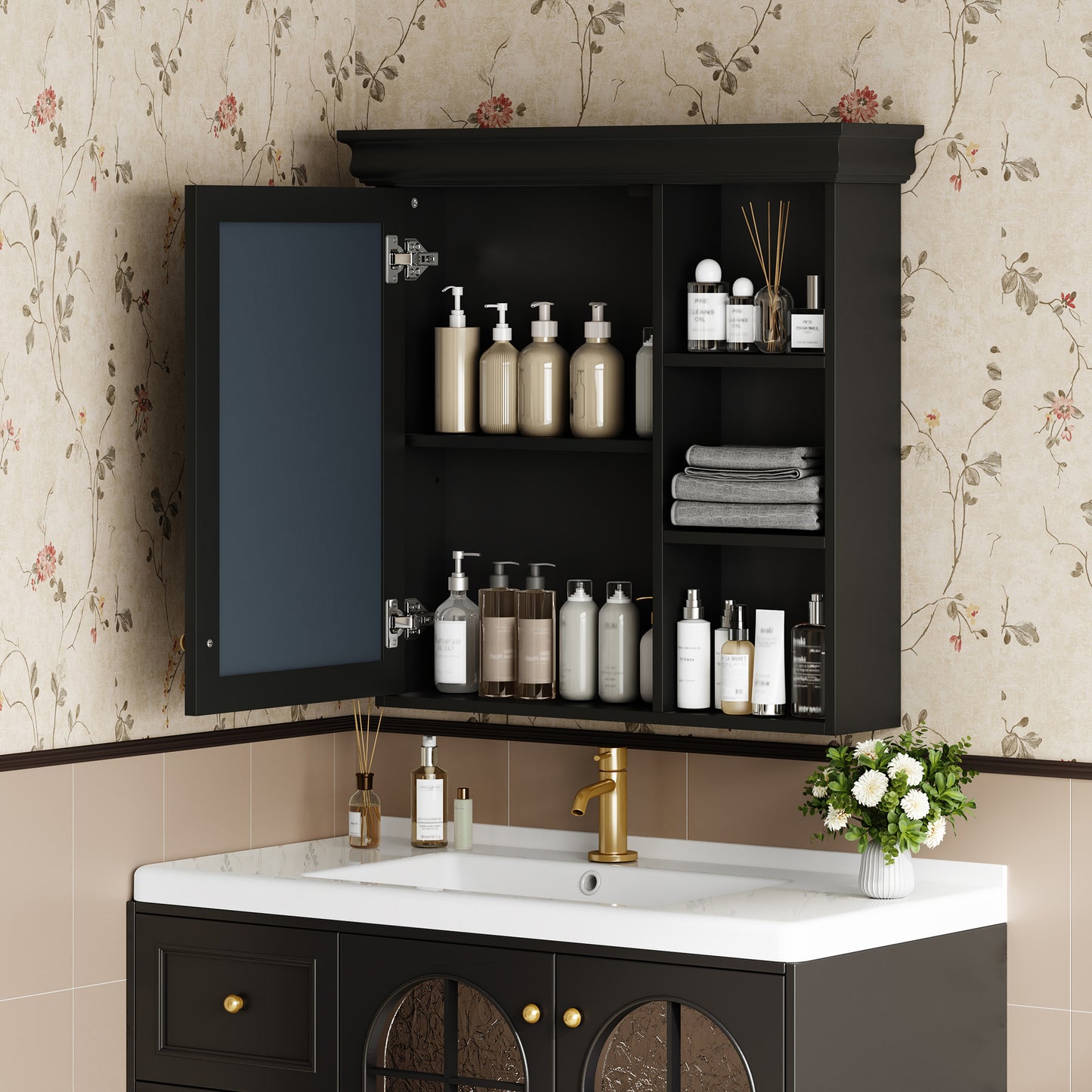 Furatek Bathroom Medicine Cabinet with Mirror – 30” Wall-Mounted Storage Organizer, Black