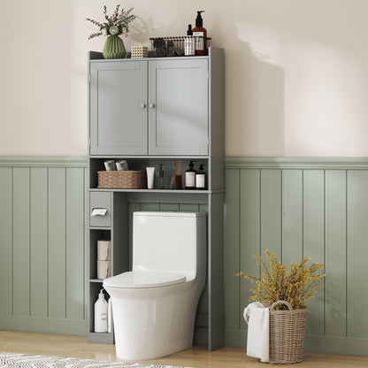 Furatek Over-the-Toilet Storage Cabinet – Modern Bathroom Organizer with 2 Doors & Toilet Paper Holder, Gray