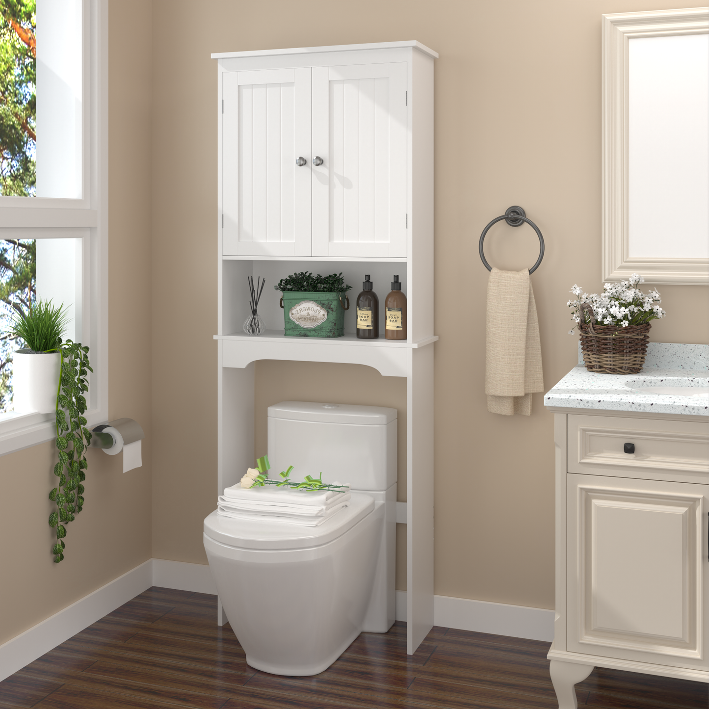 Furatek Over-the-Toilet Storage Cabinet – Space-Saving Bathroom Organizer Shelf, White