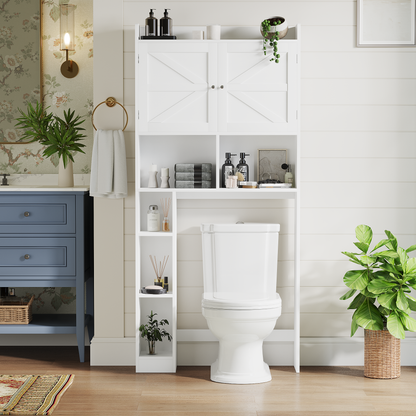 Furatek Over-the-Toilet Storage Cabinet – Bathroom Space Saver with Adjustable Shelves, Double Doors & Open Storage, White