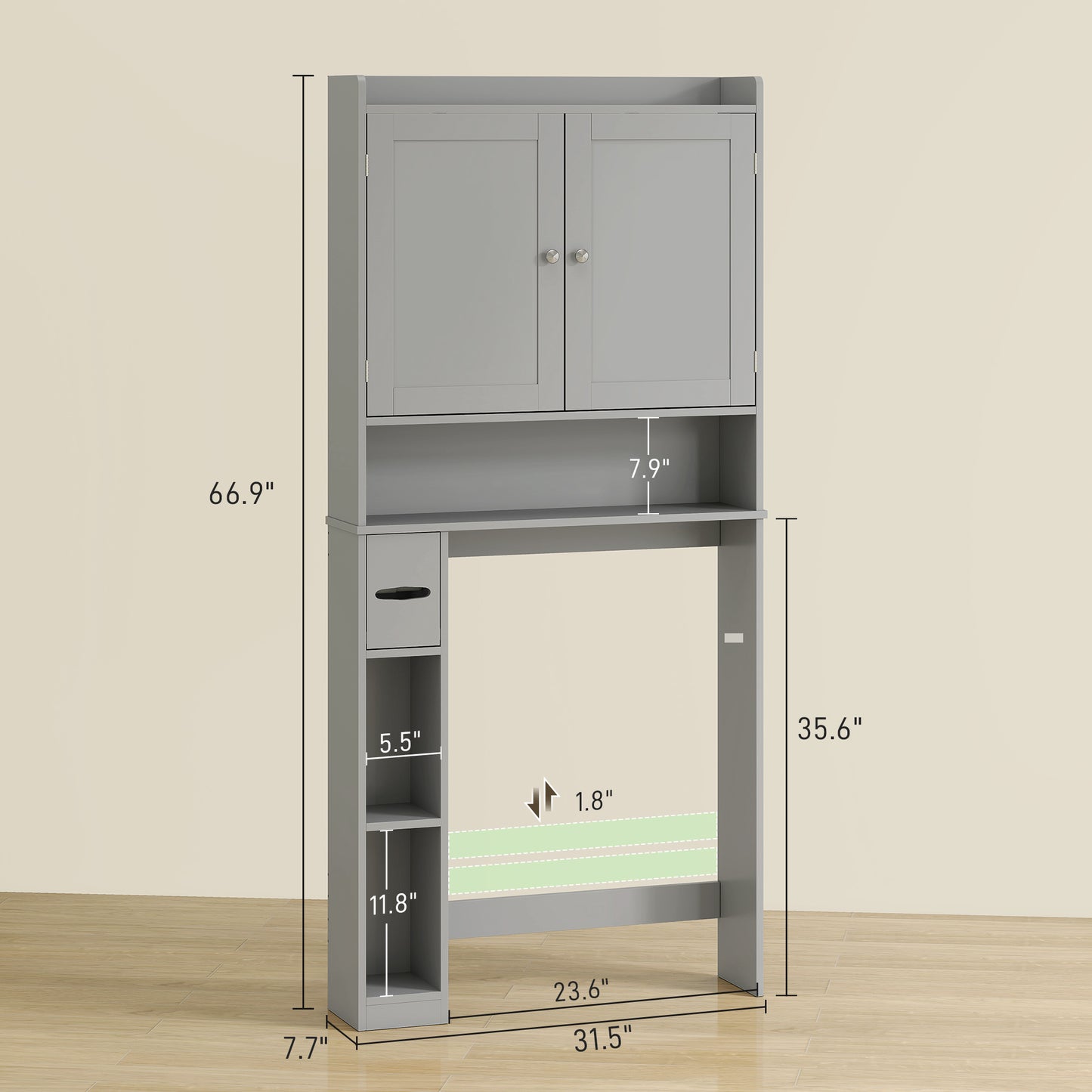 Furatek Over-the-Toilet Storage Cabinet – Modern Bathroom Organizer with 2 Doors & Toilet Paper Holder, Gray