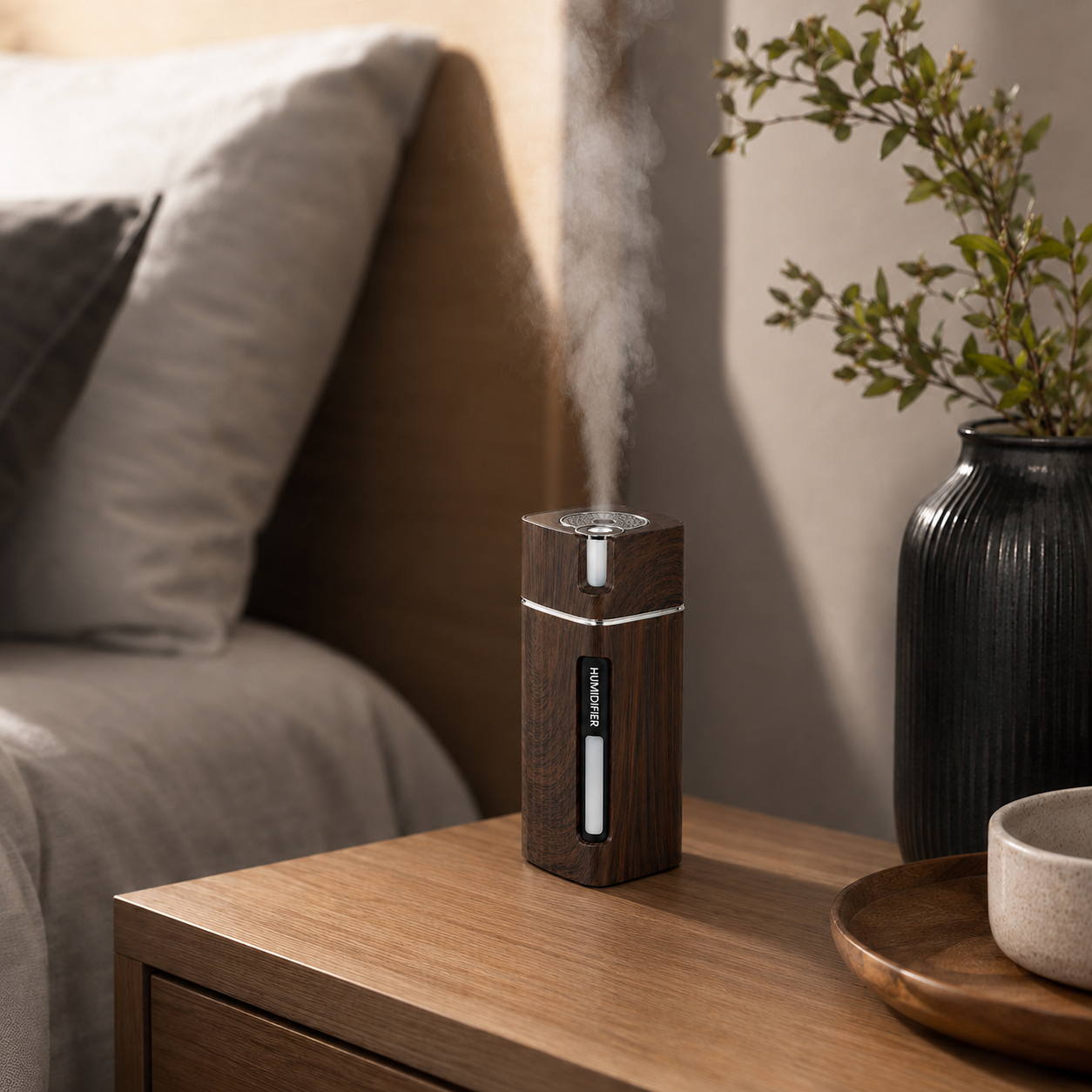 Furatek Mini Wood Grain Cool Mist Humidifier with LED Night Light for Bedroom and Desk