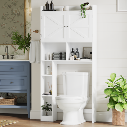 Furatek Over-the-Toilet Storage Cabinet – Bathroom Space Saver with Adjustable Shelves, Double Doors & Open Storage, White
