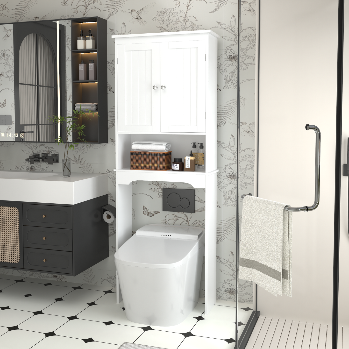 Furatek Over-the-Toilet Storage Cabinet – Space-Saving Bathroom Organizer Shelf, White