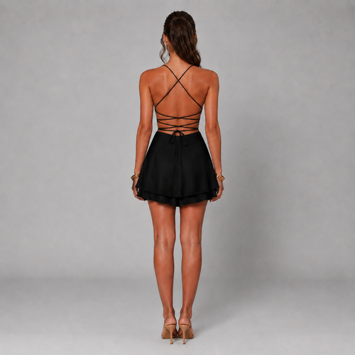 Backless Satin Mini Dress – Lace-Up A-Line Party Dress