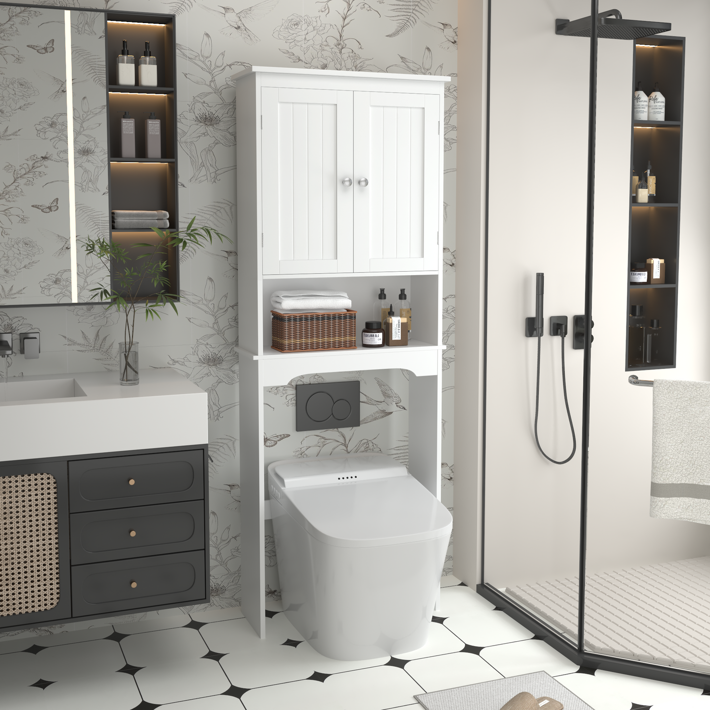 Furatek Over-the-Toilet Storage Cabinet – Space-Saving Bathroom Organizer Shelf, White