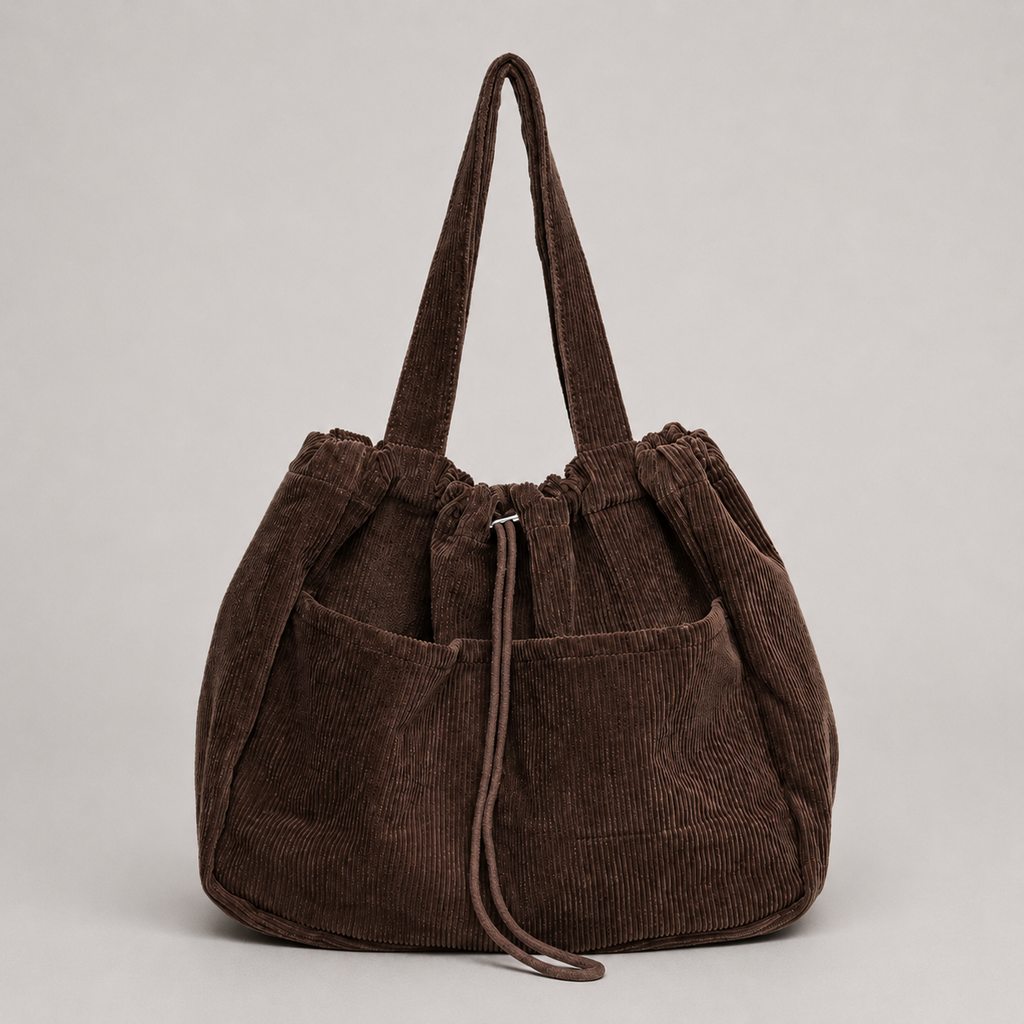 Corduroy Drawstring Shoulder Bag – Large Multi Pocket Tote Bag
