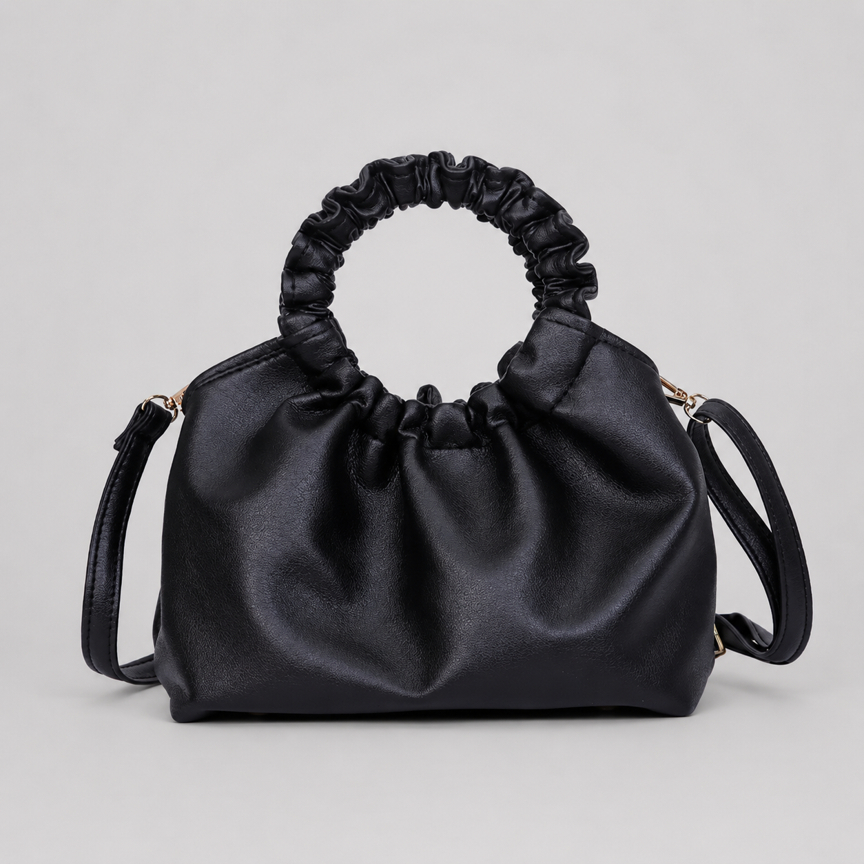 Women’s Ruched Bucket Bag – Soft PU Leather Shoulder Handbag
