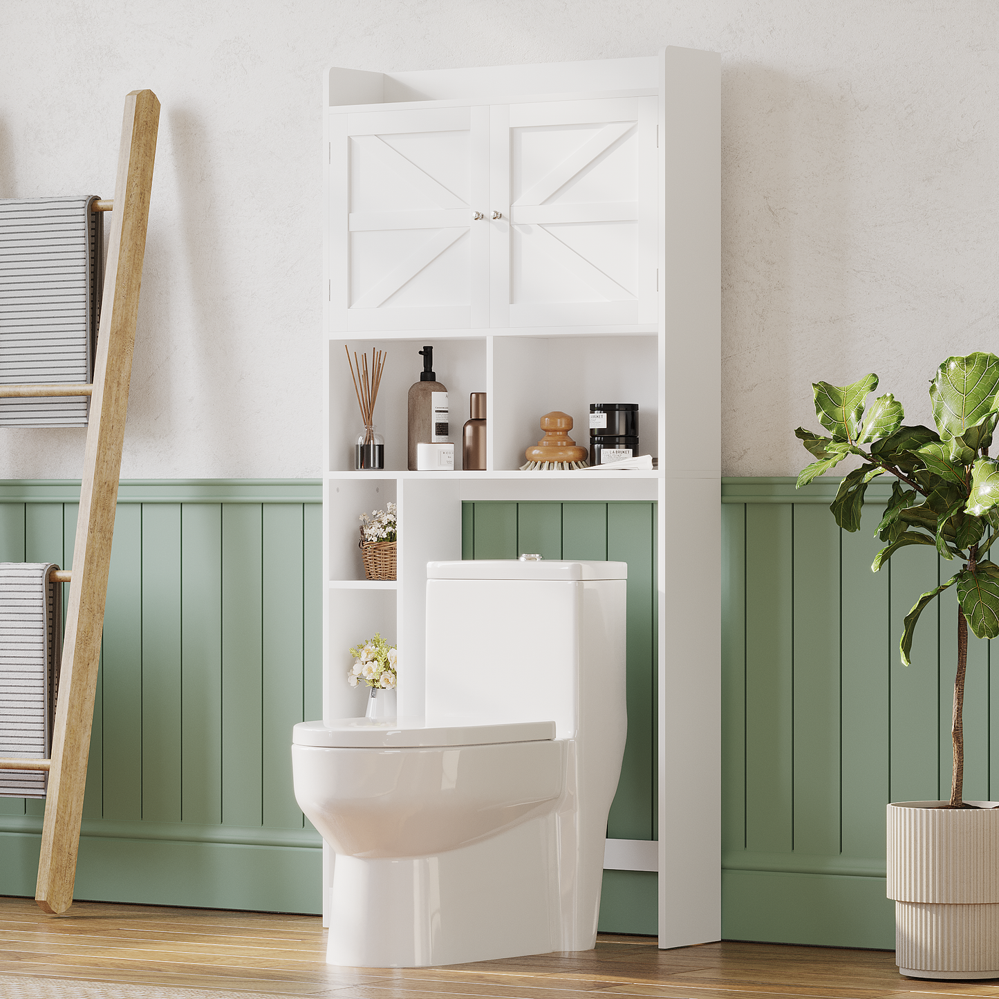 Furatek Over-the-Toilet Storage Cabinet – Bathroom Space Saver with Adjustable Shelves, Double Doors & Open Storage, White
