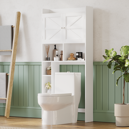 Furatek Over-the-Toilet Storage Cabinet – Bathroom Space Saver with Adjustable Shelves, Double Doors & Open Storage, White