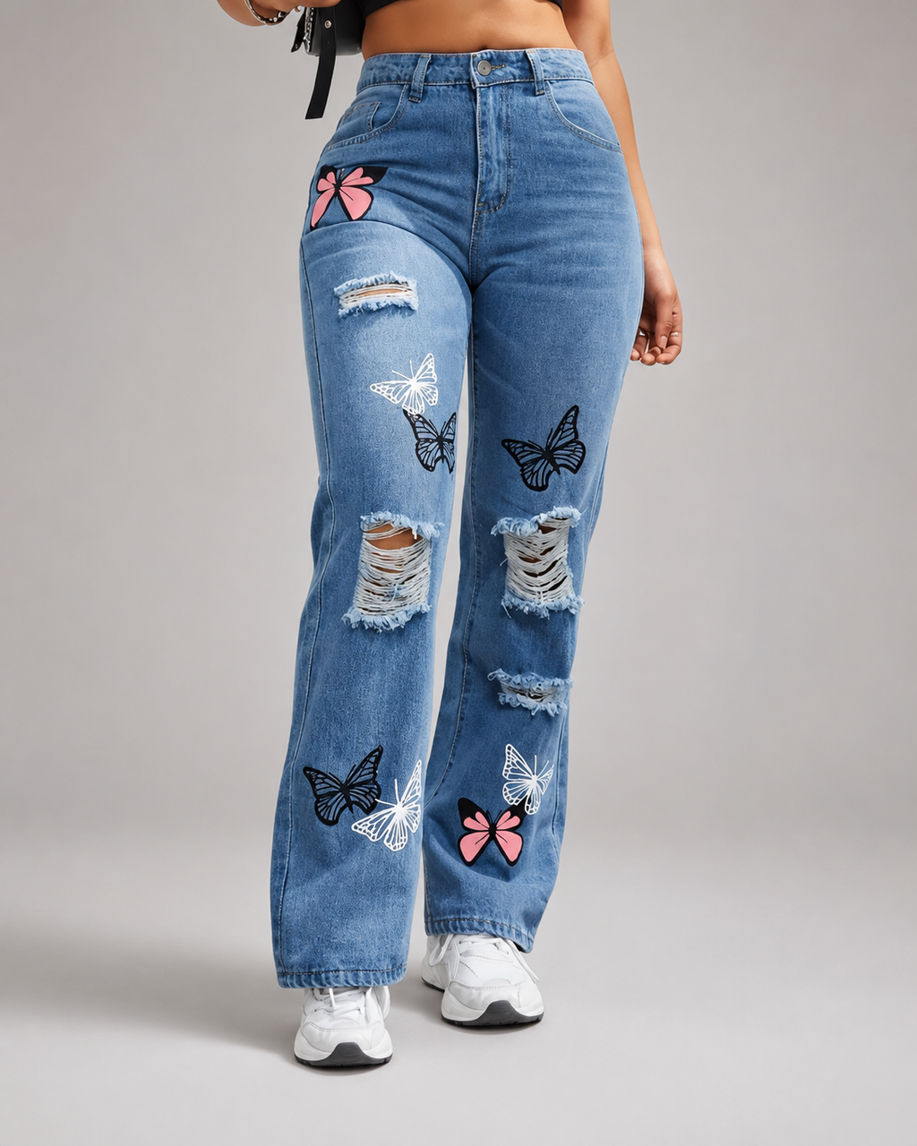 High Waisted Butterfly Print Jeans – Ripped Straight Leg Denim Pants
