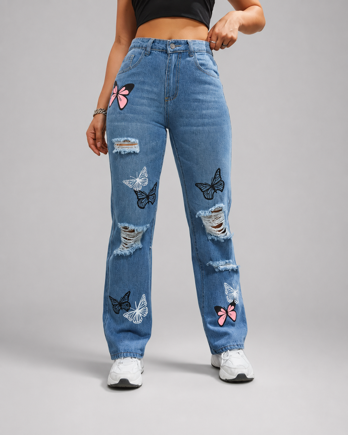 High Waisted Butterfly Print Jeans – Ripped Straight Leg Denim Pants