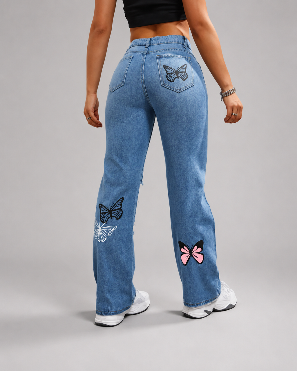 High Waisted Butterfly Print Jeans – Ripped Straight Leg Denim Pants