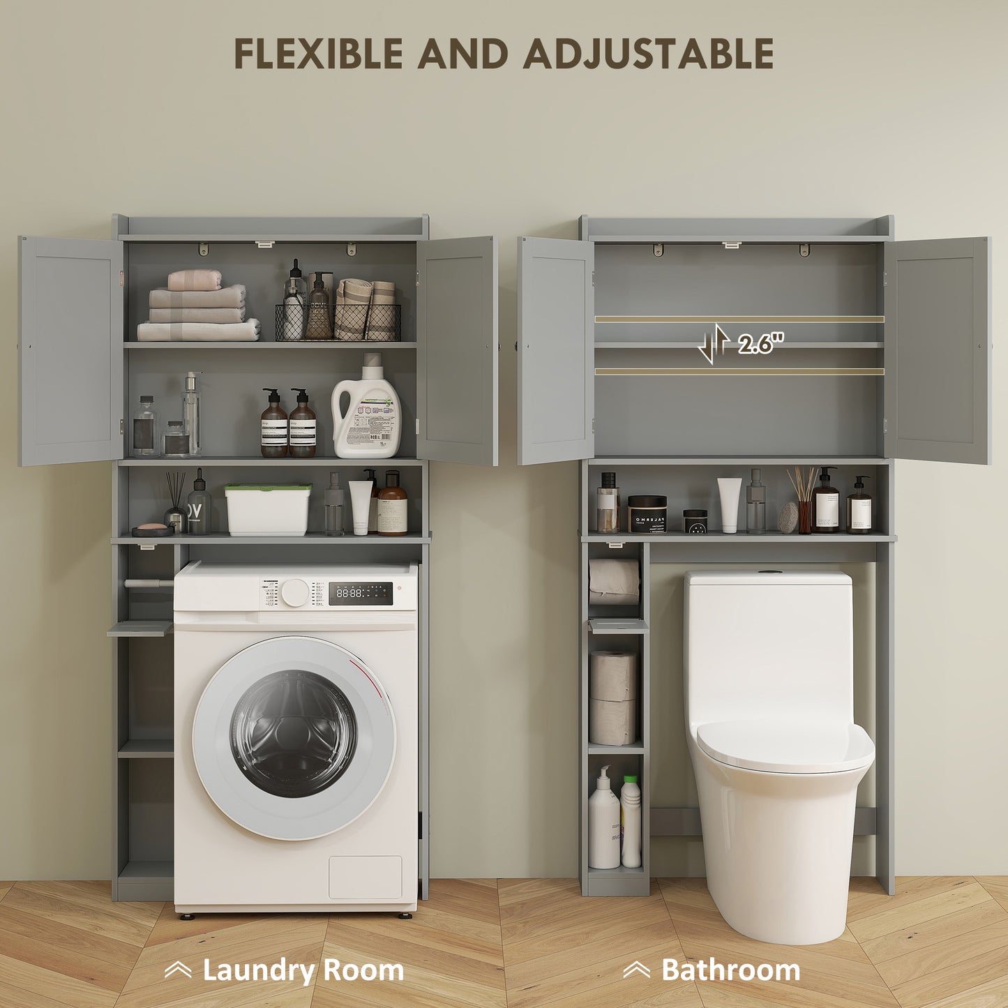 Furatek Over-the-Toilet Storage Cabinet – Modern Bathroom Organizer with 2 Doors & Toilet Paper Holder, Gray