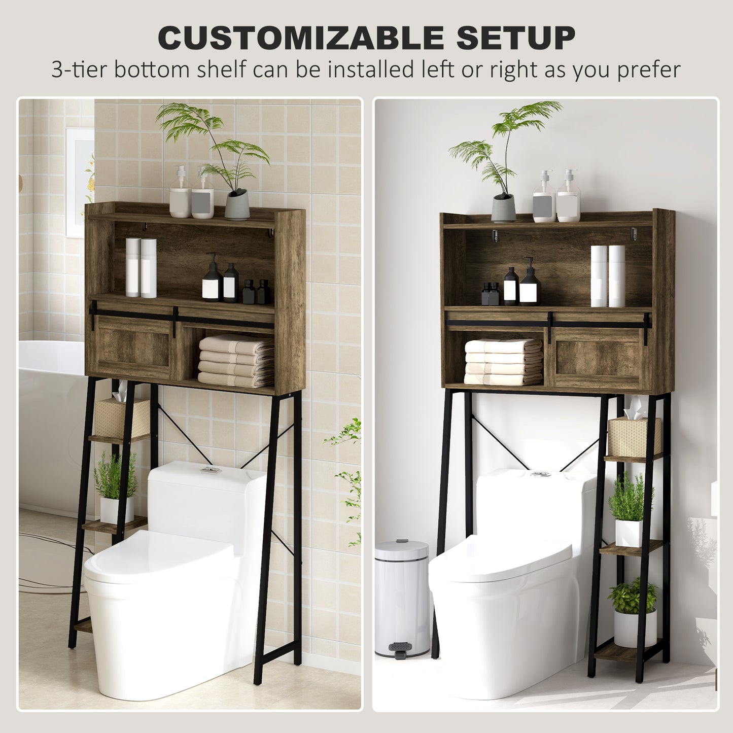 Furatek Over-the-Toilet Storage Cabinet – Bathroom Organizer with 3 Compartments & 4 Open Shelves, Distressed Brown
