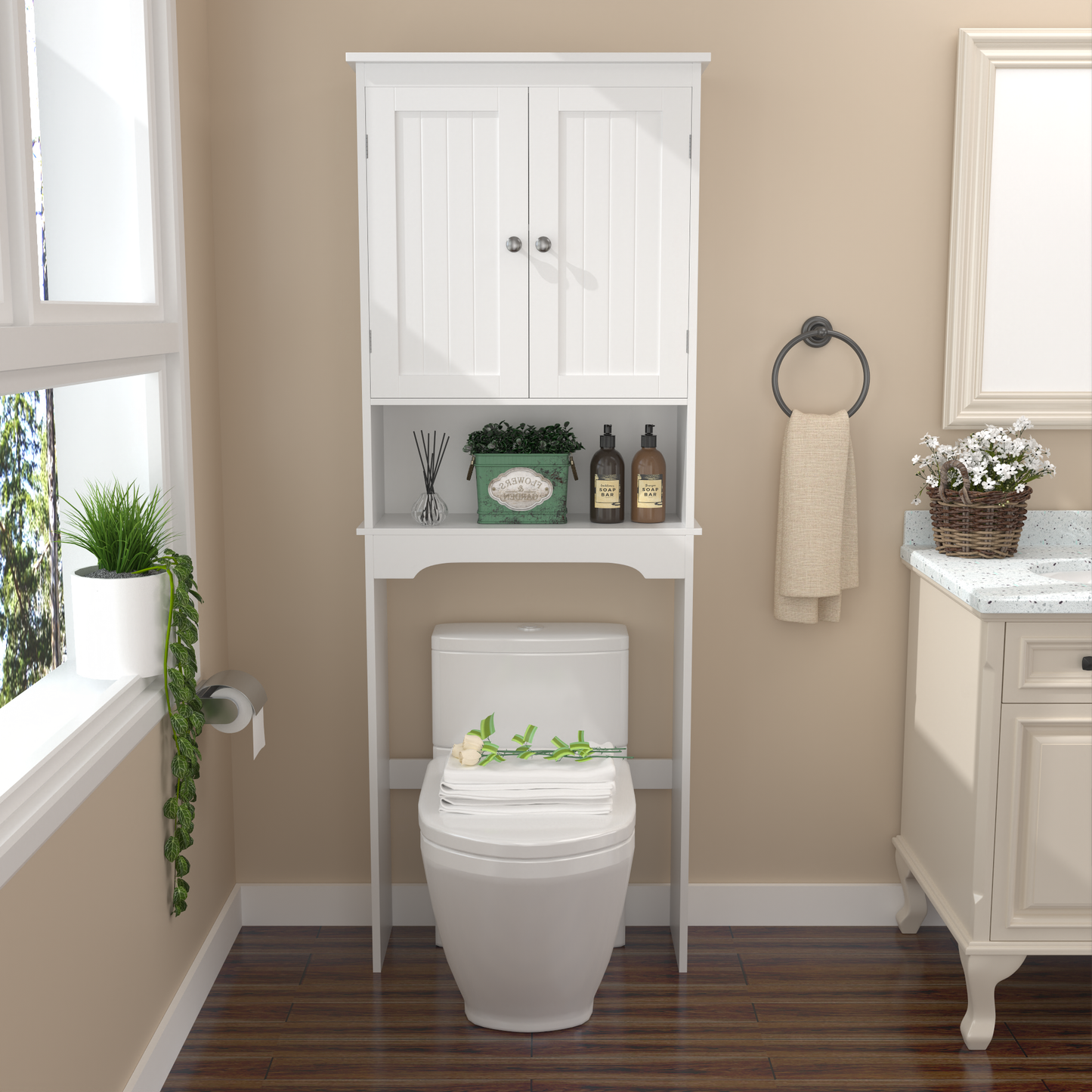 Furatek Over-the-Toilet Storage Cabinet – Space-Saving Bathroom Organizer Shelf, White