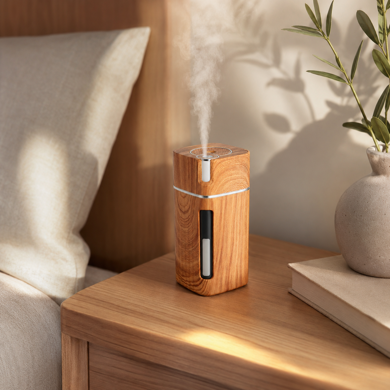 Furatek Mini Wood Grain Cool Mist Humidifier with LED Night Light for Bedroom and Desk