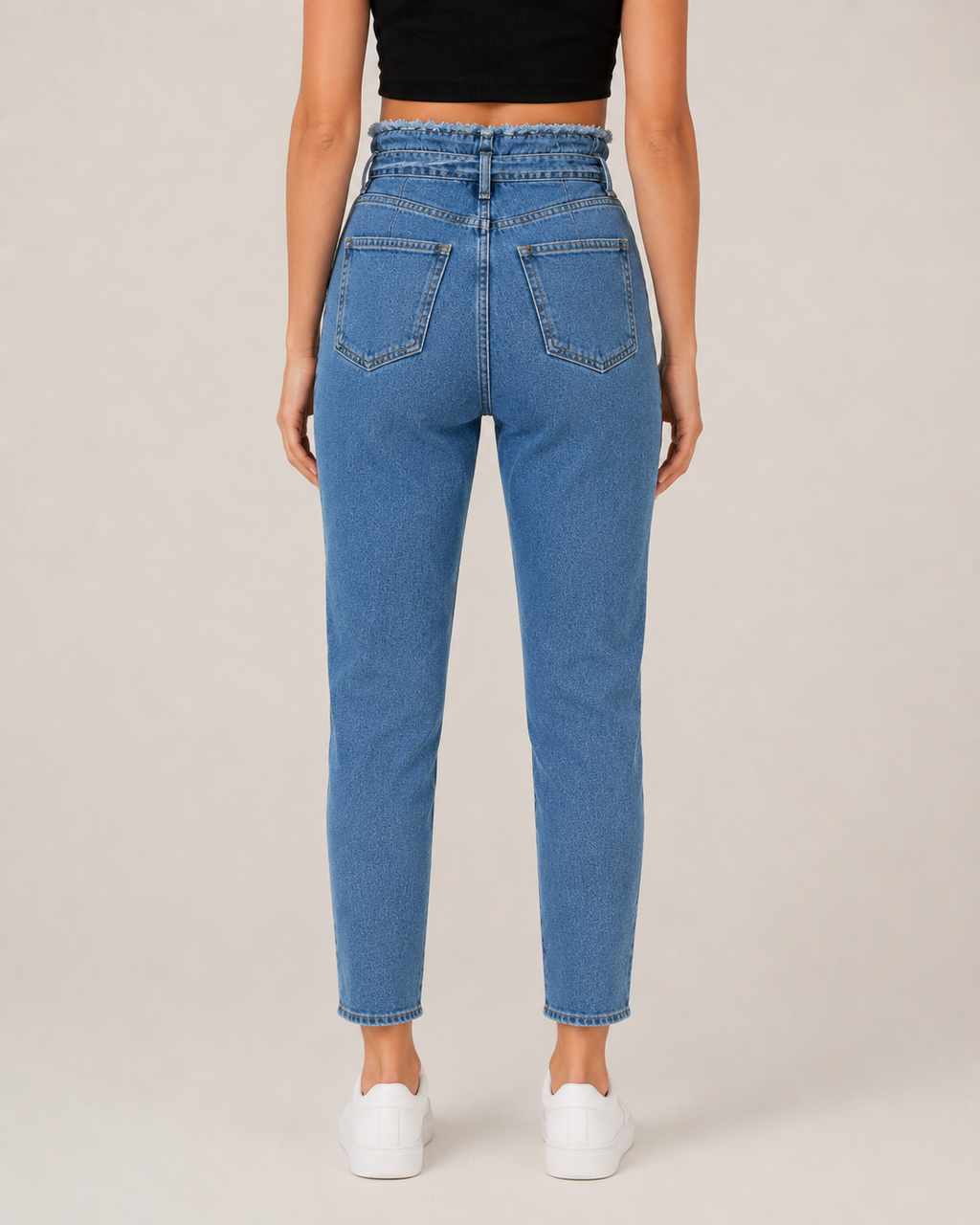 High Waisted Paperbag Jeans – Tie Waist Ankle Denim Pants