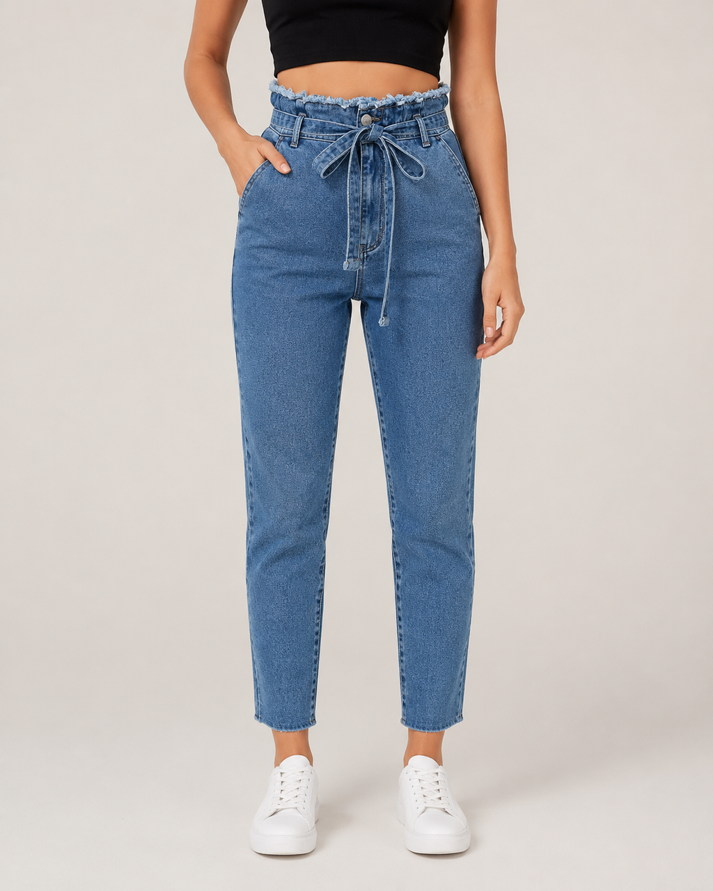 High Waisted Paperbag Jeans – Tie Waist Ankle Denim Pants