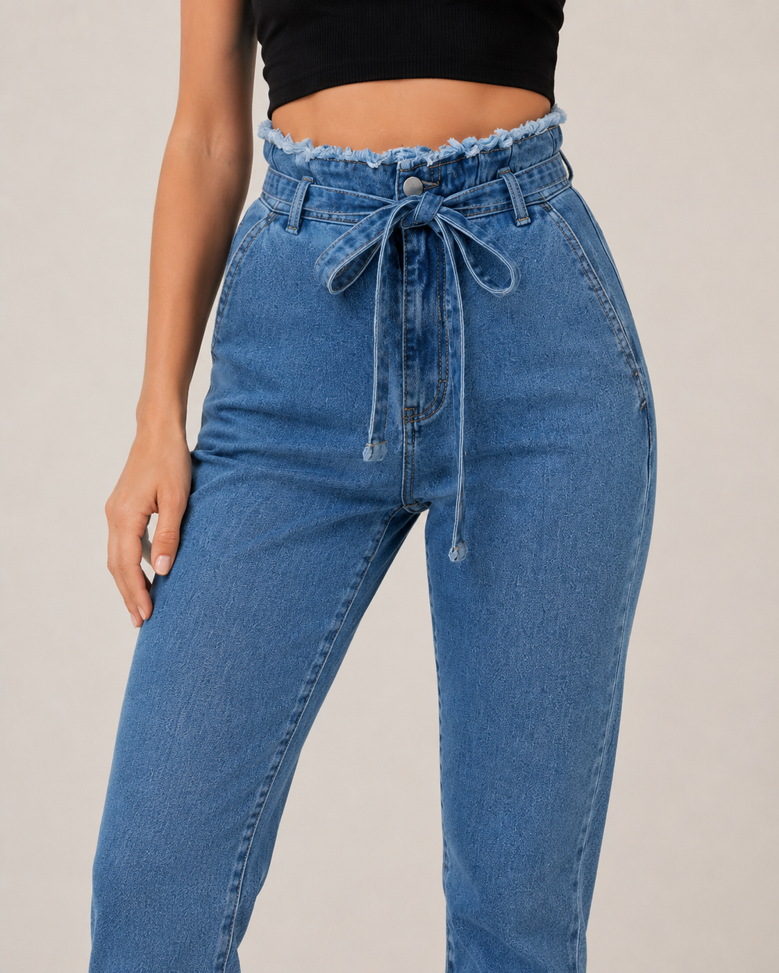 High Waisted Paperbag Jeans – Tie Waist Ankle Denim Pants
