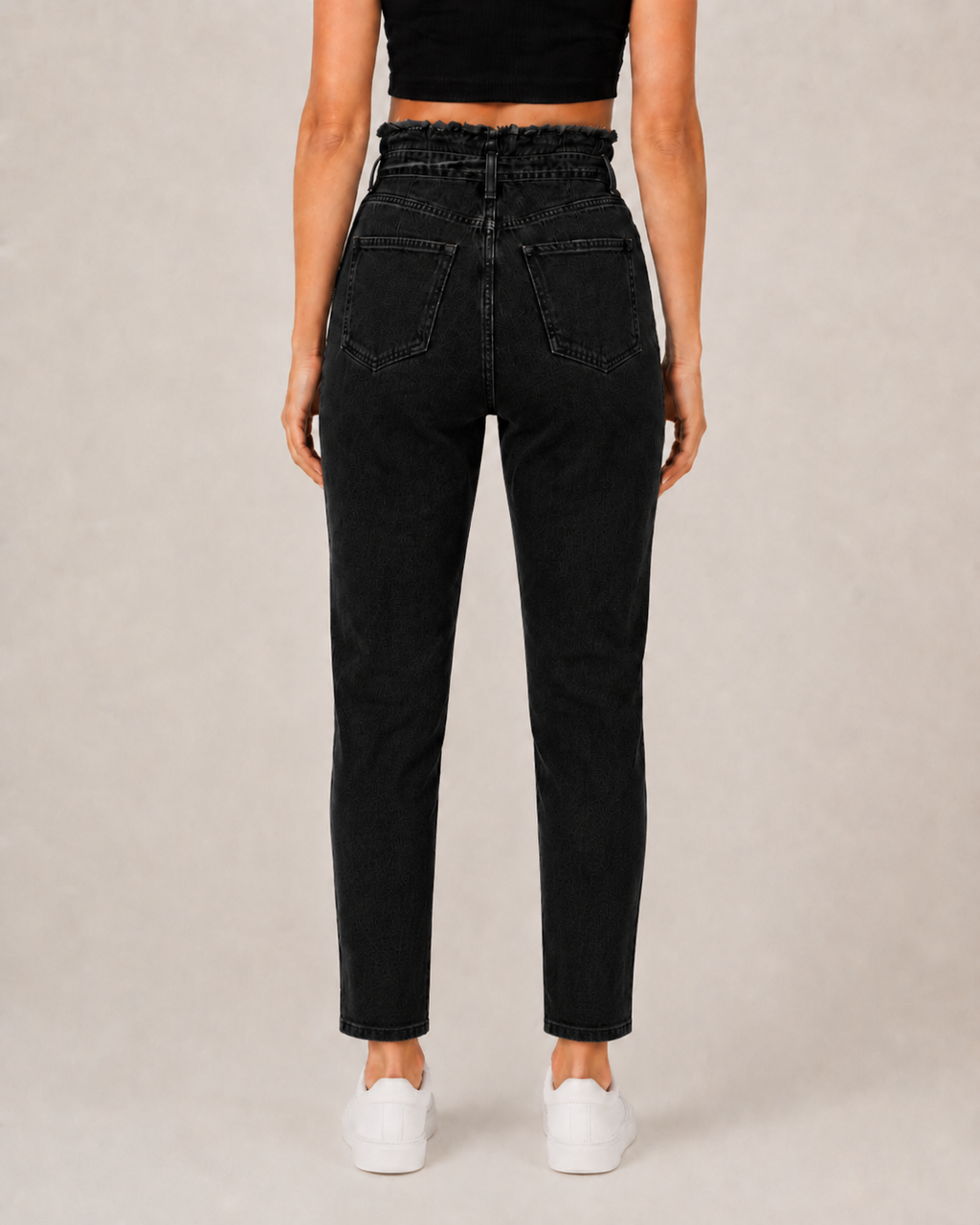 High Waisted Paperbag Jeans – Tie Waist Ankle Denim Pants