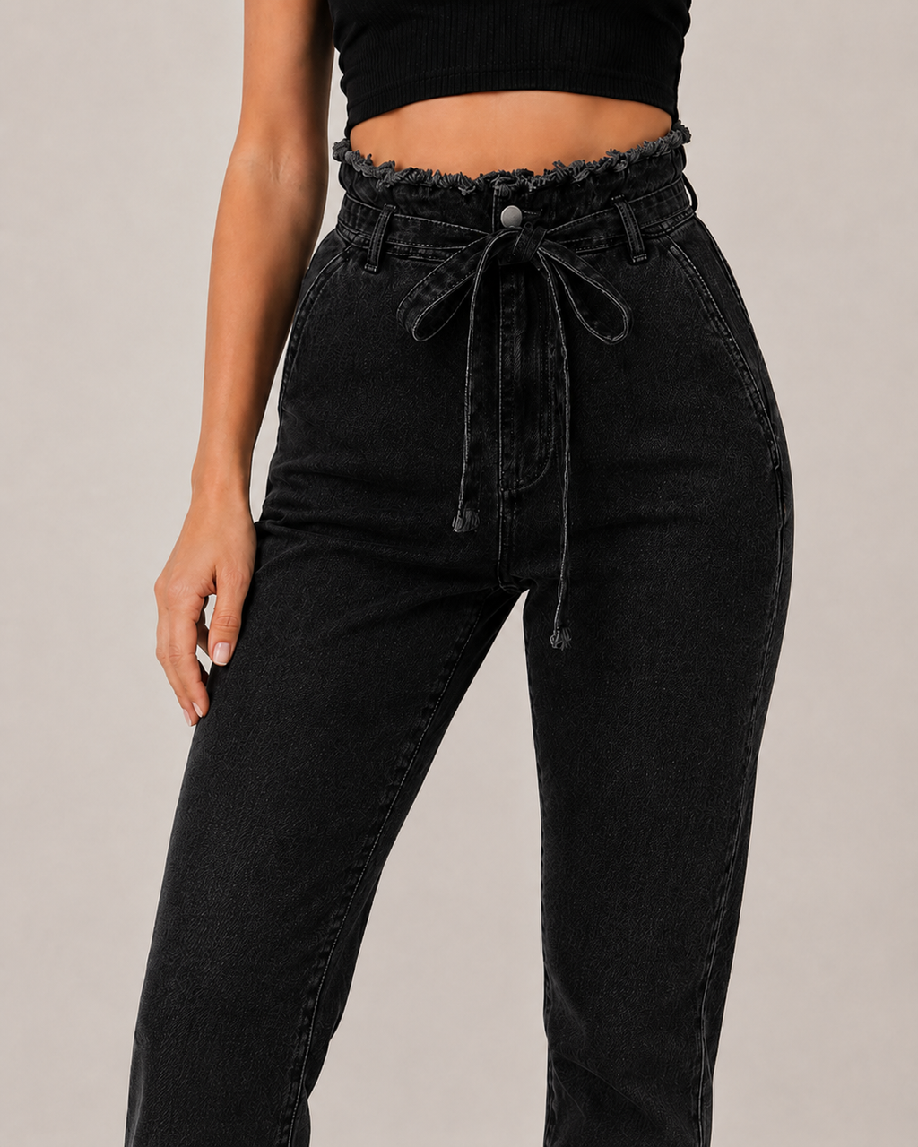 High Waisted Paperbag Jeans – Tie Waist Ankle Denim Pants