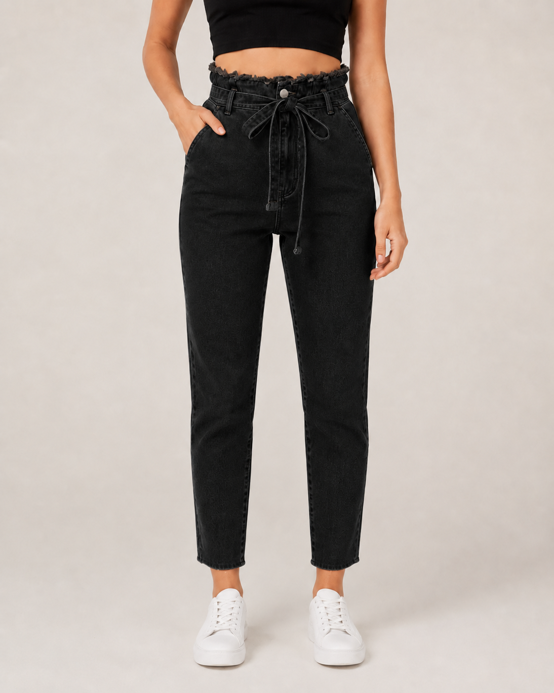 High Waisted Paperbag Jeans – Tie Waist Ankle Denim Pants