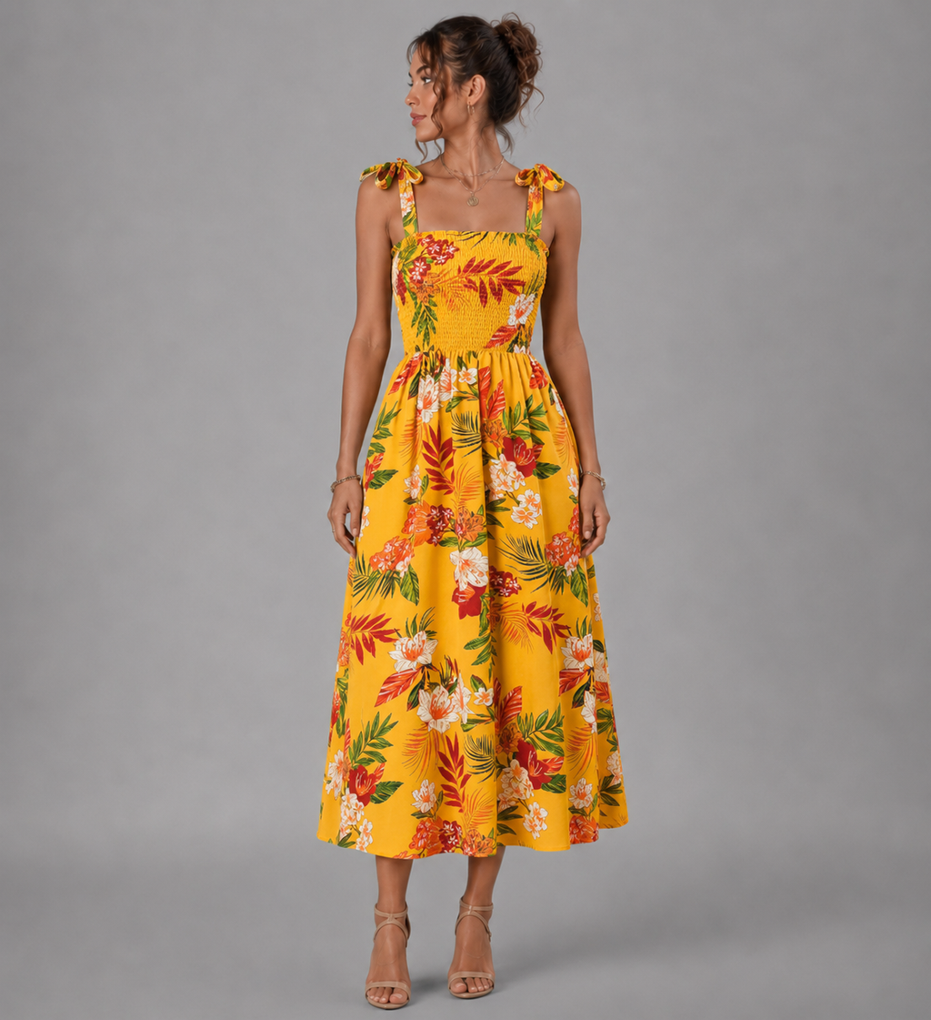 Floral Corset Midi Dress – Sleeveless Summer Beach Dress