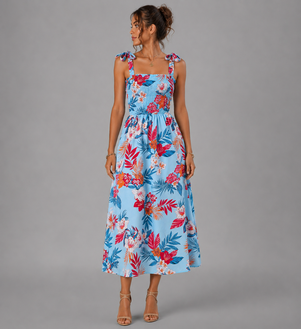 Floral Corset Midi Dress – Sleeveless Summer Beach Dress