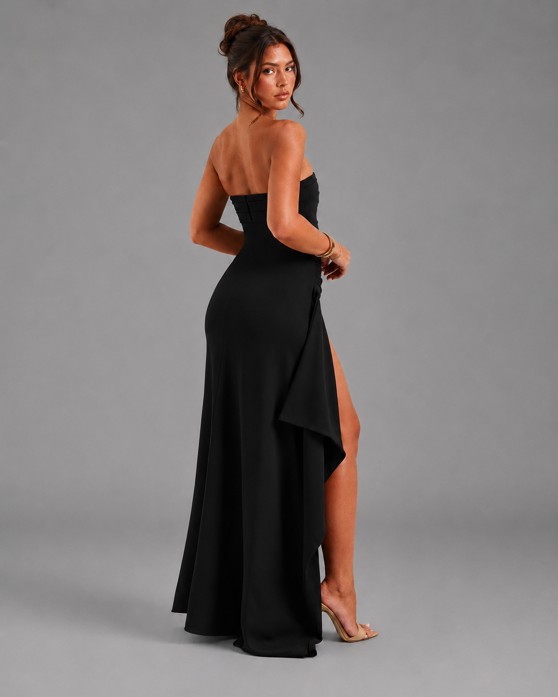 Strapless High Slit Maxi Dress – Pleated Formal Party Gown