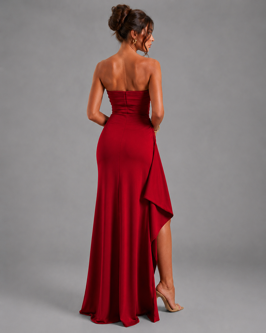 Strapless High Slit Maxi Dress – Pleated Formal Party Gown