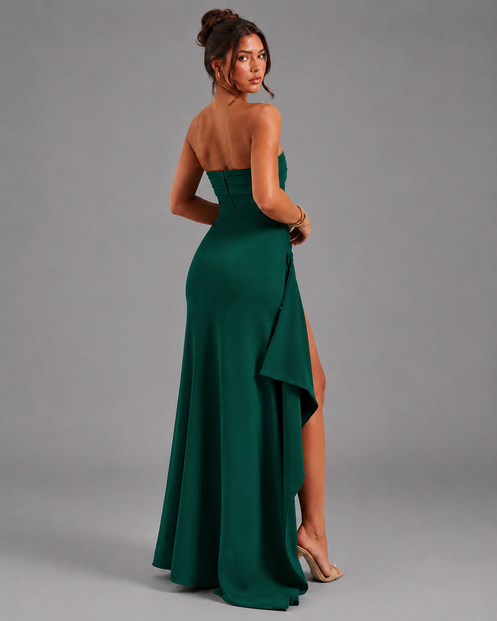Strapless High Slit Maxi Dress – Pleated Formal Party Gown