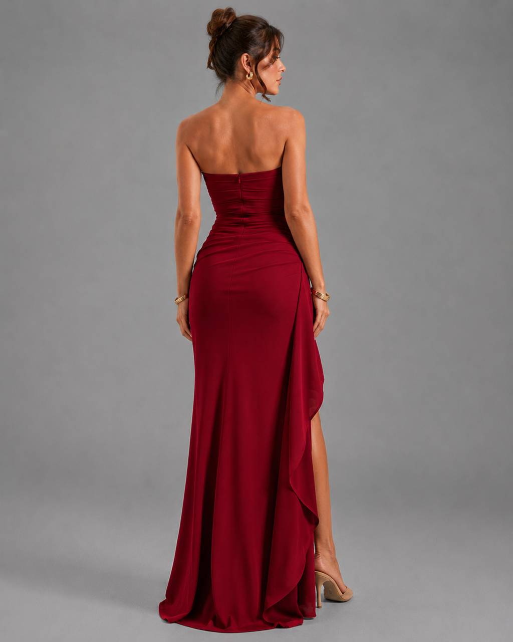 Strapless High Slit Maxi Dress – Pleated Formal Party Gown