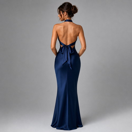 Elegant Backless Halter Maxi Dress – Sleeveless Ruched Evening Dress