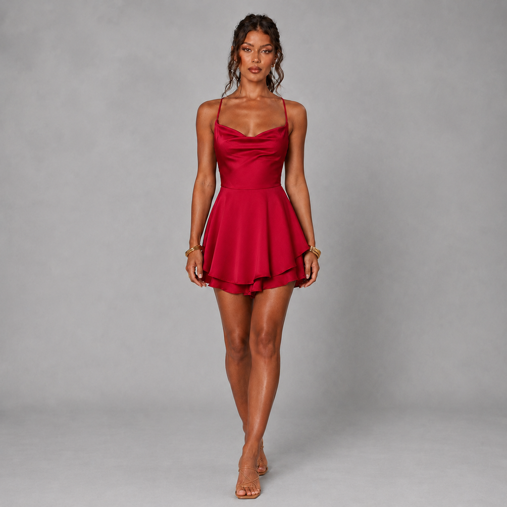 Backless Satin Mini Dress – Lace-Up A-Line Party Dress