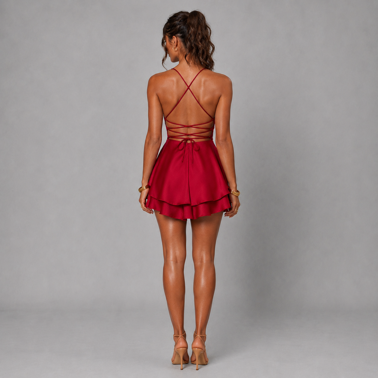 Backless Satin Mini Dress – Lace-Up A-Line Party Dress